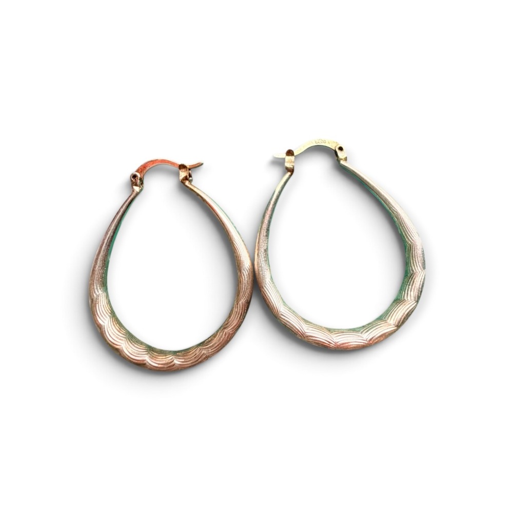 925 Sterling Silver Textured Teardrop Hoop Earrings 1.25" 5g Vintage Style